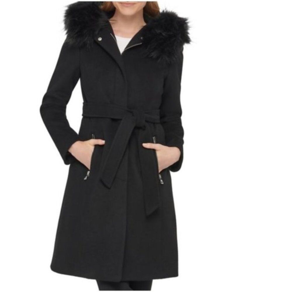 Karl Lagerfeld Faux Fur Trim Wool Blend Coat